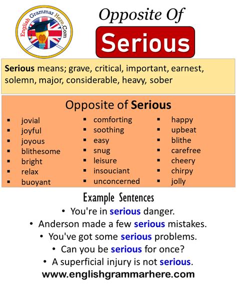Antonym of serious - More 140 Serious antonyms. What are opposite words of Serious? Flippant, trivial, unimportant, minor. Full list of antonyms for Serious is here.